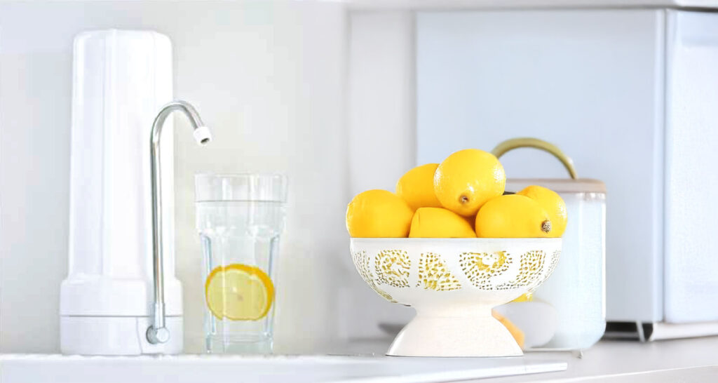 Countertop filter setup in modern kitchen with lemons on the benchtop